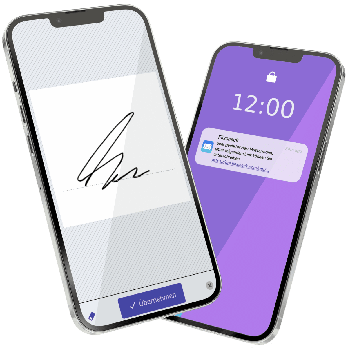 Smartphones mit einer Flixcheck-Benachrichtigung und einer digitalen Unterschrift